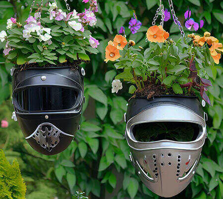 what to do with old motorcycle helmet hanging flower pots